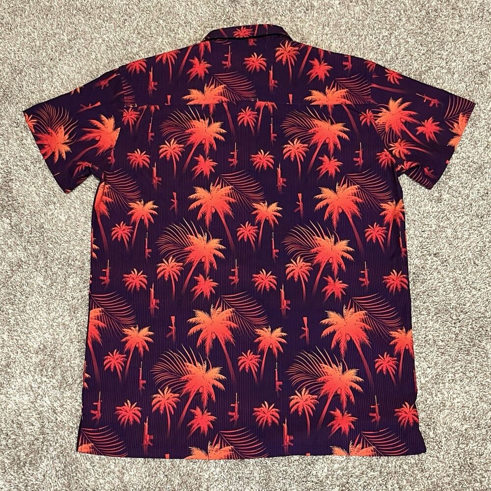 Retro Rifle Shirt Men’s Large Purple Orange Hawaiian Button Down Coastal Palm - Picture 7 of 7